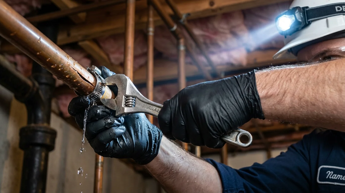 Emergency pipe clamp repair being performed by a Johns Plumbing LLC plumber in Yulee